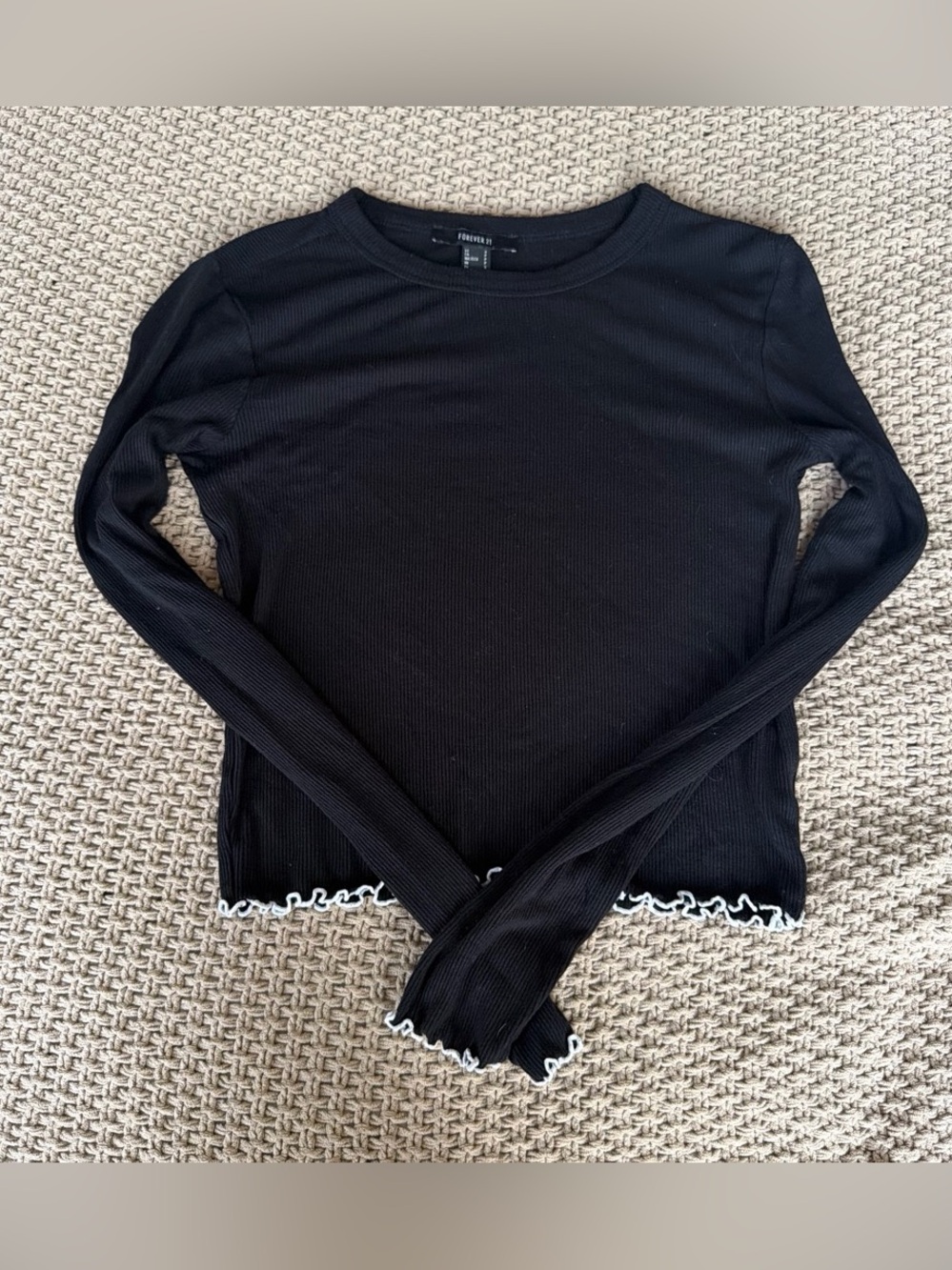 F21 Black Long Sleeve w White Ruffle Hem